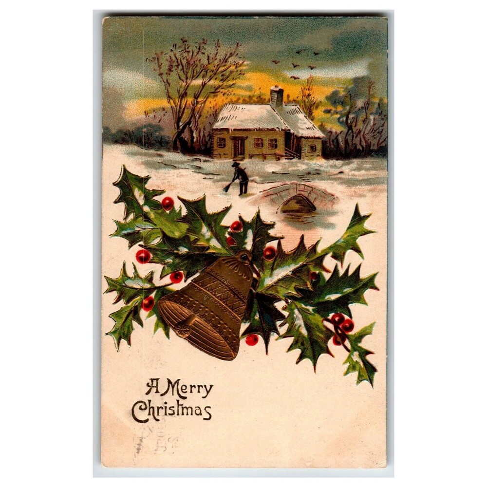 1908 Embossed Christmas Postcard Winter Scene Holly Bell Printed in Germany
